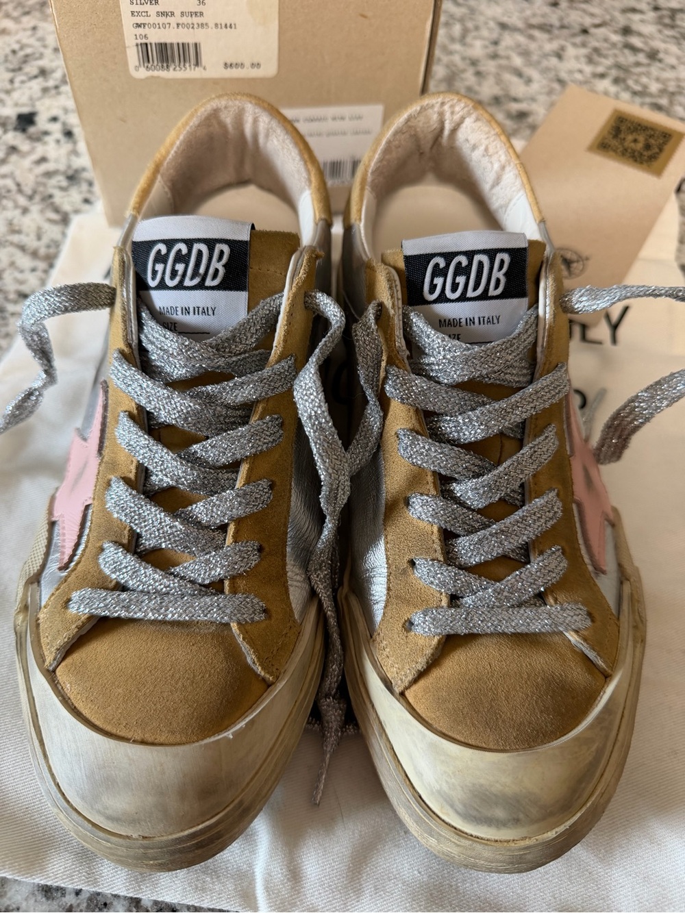 Golden Goose Super-Star Penstar Silver & Tan Low-Top Sneakers with Glitter Laces